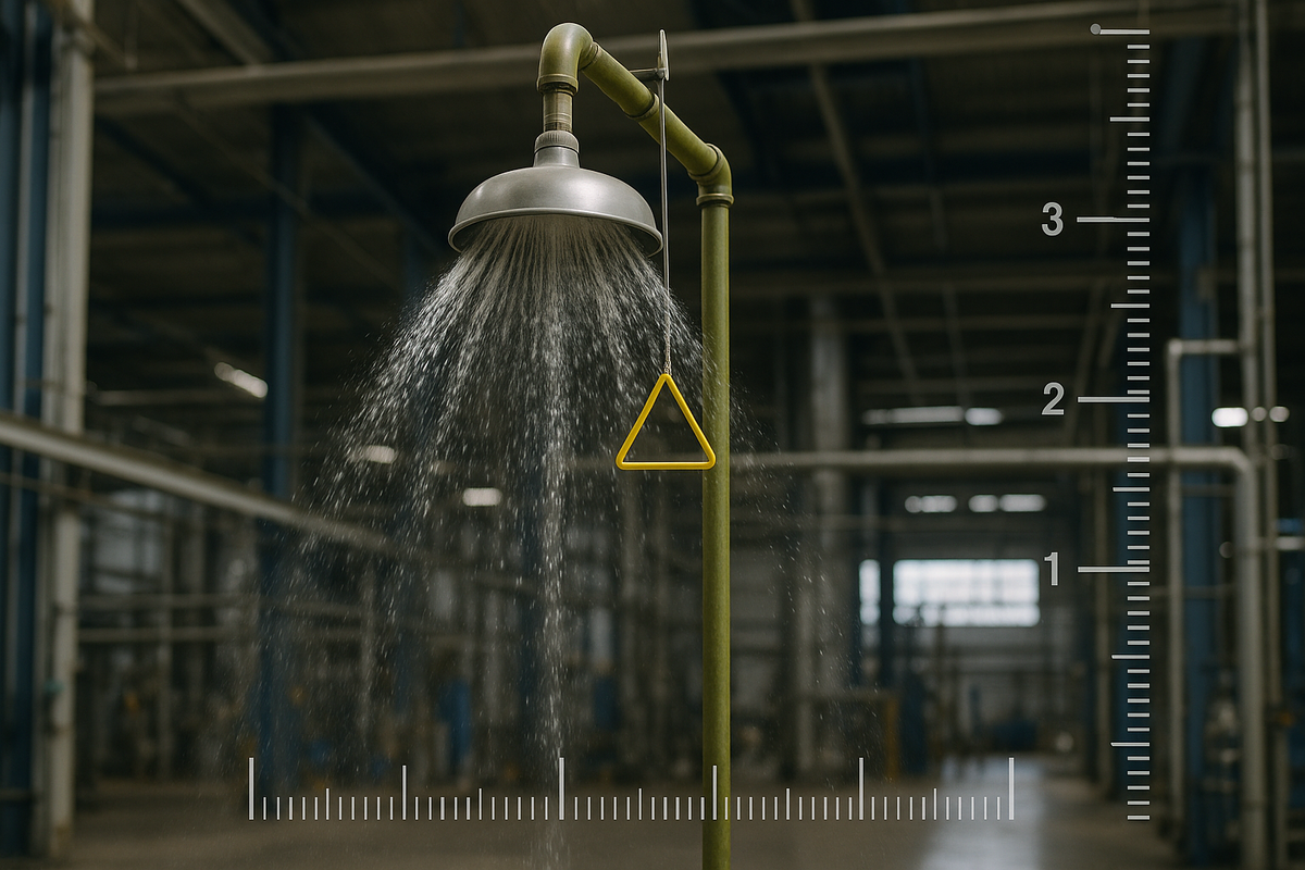 Safety shower head spraying water in a wide circular pattern in a factory setting