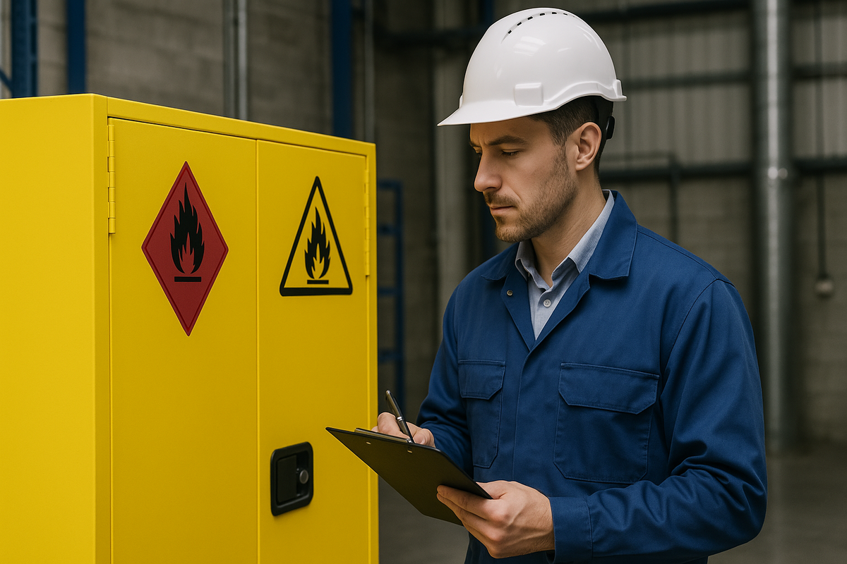Safety inspector reviewing flammable goods storage compliance next to a yellow cabinet