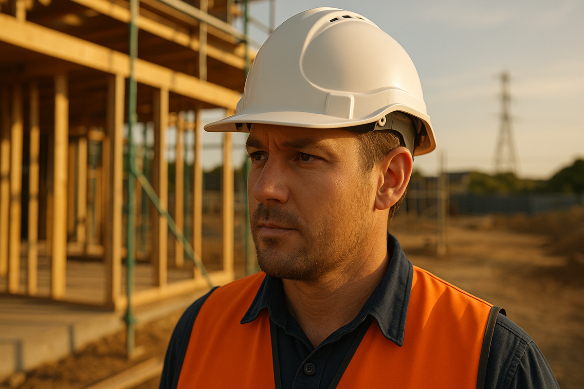 Worker wearing a hard hat on an Australian construction site