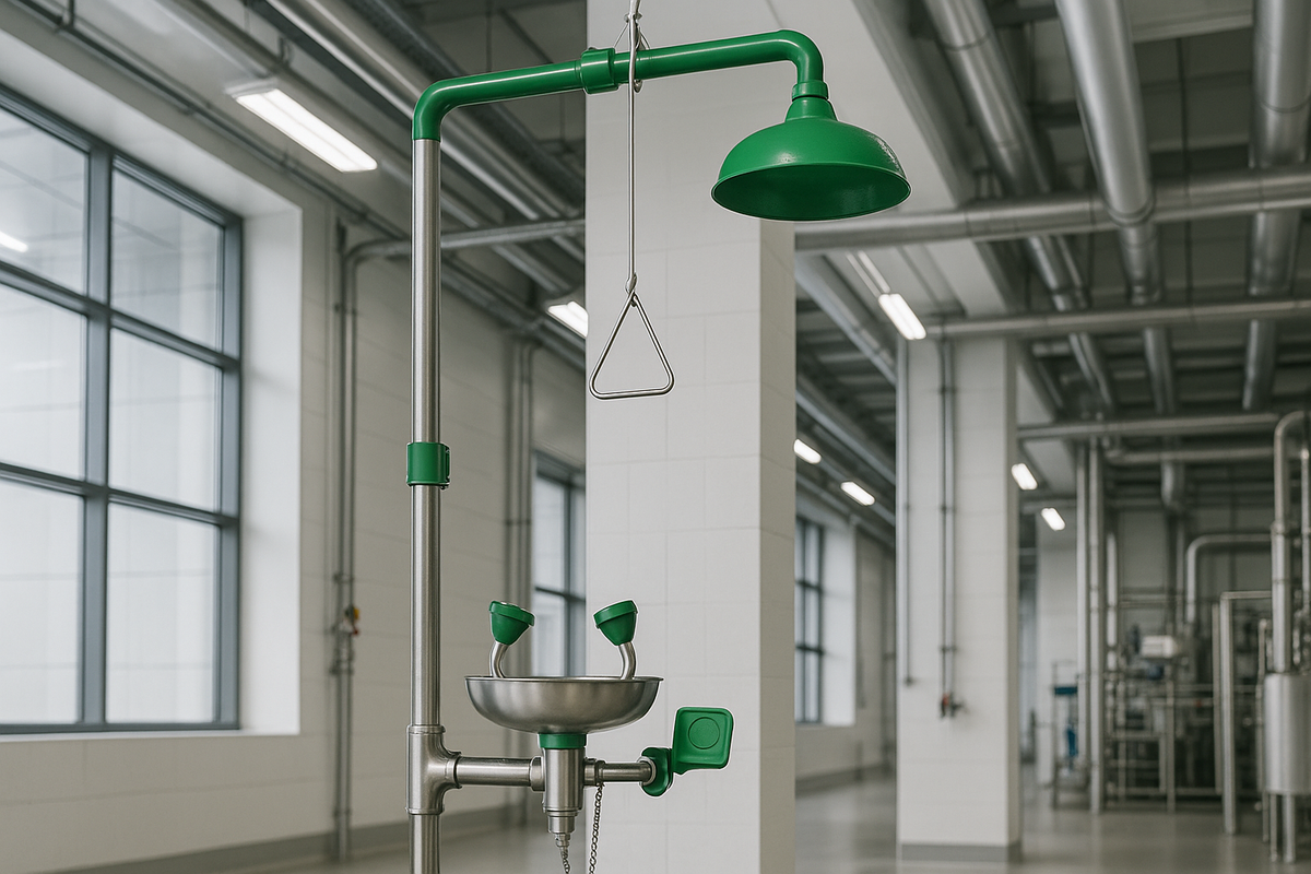 Combined safety shower and eyewash station installed in a modern industrial facility