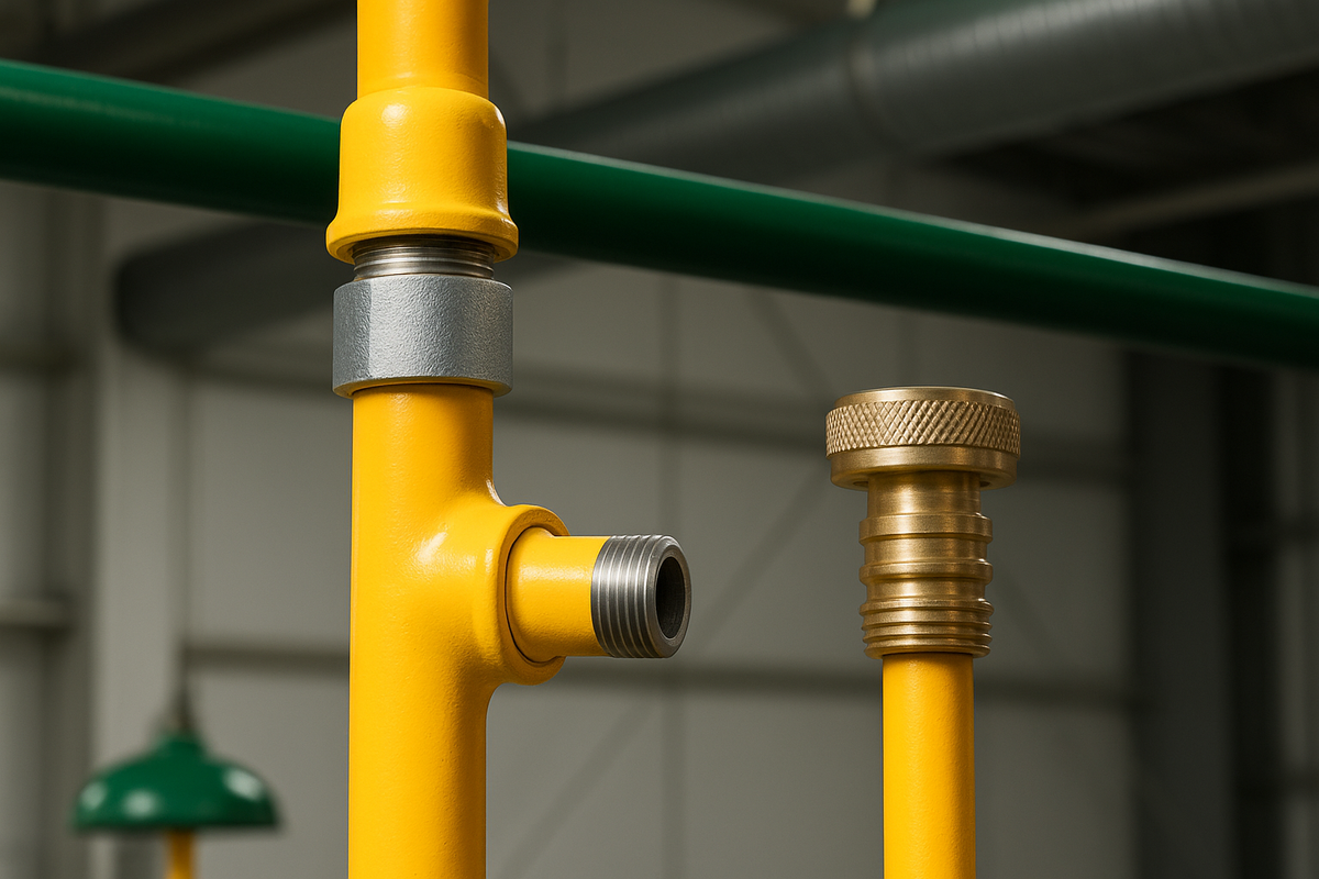 Safety shower plumbing connection showing proper pipe fitting versus garden hose