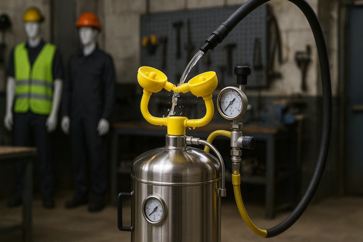 Portable pressurised emergency eyewash unit being filled in an industrial workshop