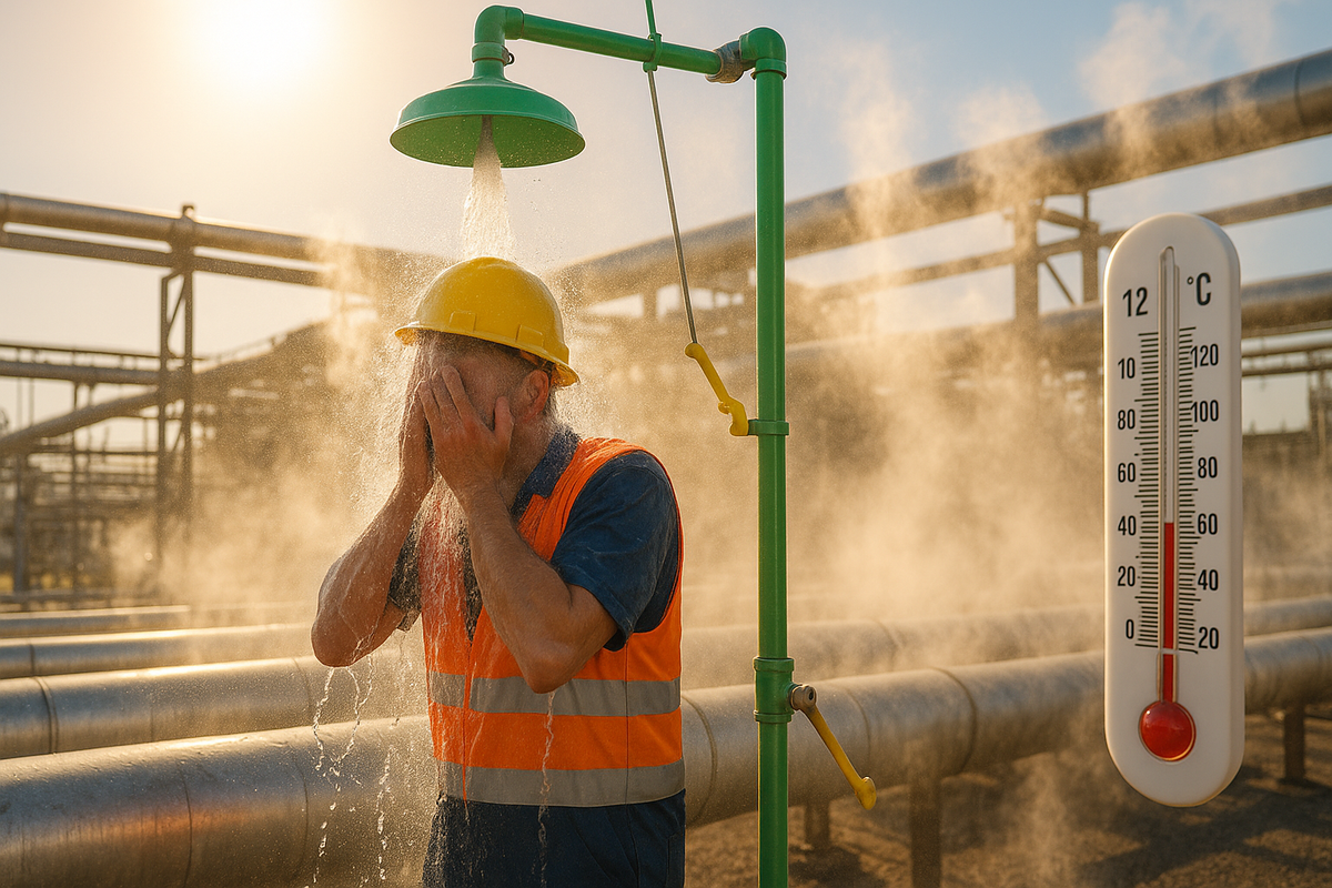 Safety shower in use on a hot summer day at an outdoor industrial site