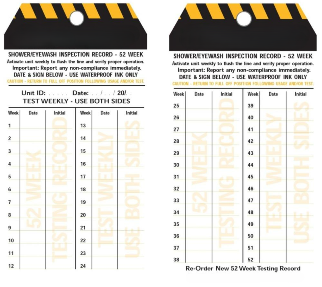 SE TAG 52 Week Test Tags for Safety Showers & Eye Wash Units