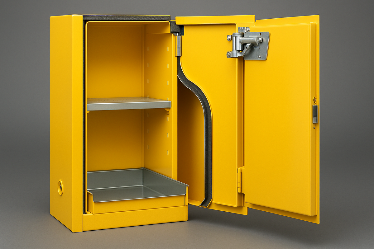 Flammable storage cabinet showing double-wall steel construction and spill containment features