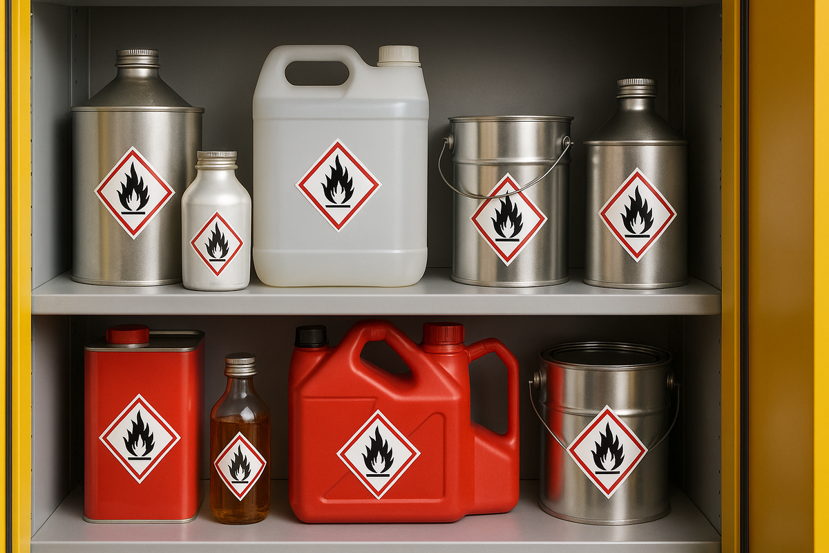 Interior of a flammable goods cabinet with labelled chemical containers on shelves