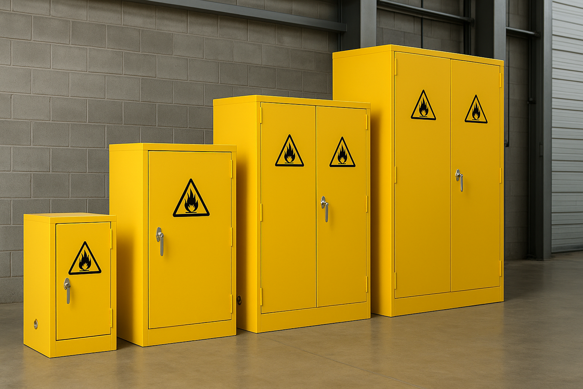 Row of yellow flammable storage cabinets in different sizes in an industrial warehouse