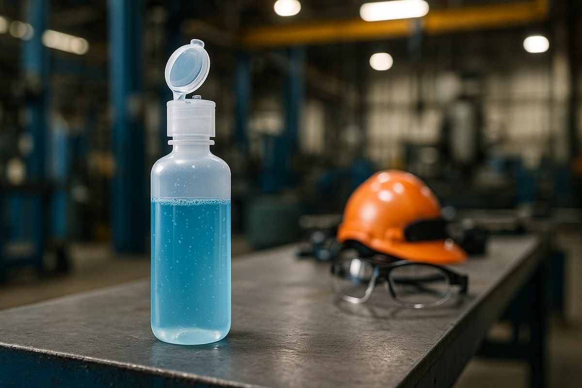 Portable flip-top lid eyewash bottle on a factory workbench