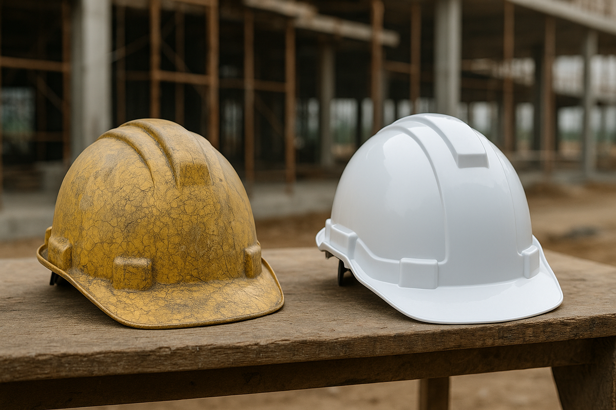 Old worn hard hat beside a new hard hat showing the importance of timely replacement