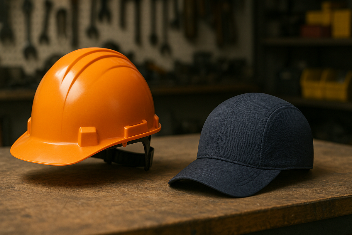 Industrial hard hat and bump cap side by side on a workshop workbench