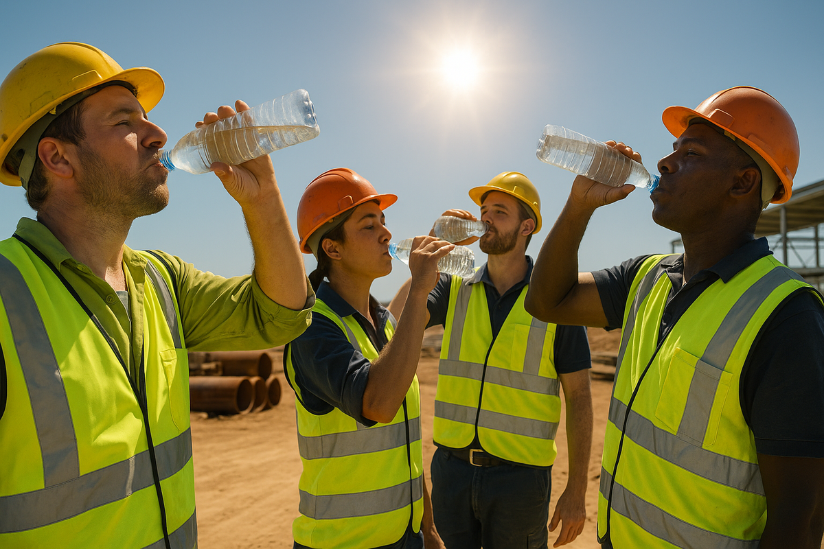 Construction workers in high-visibility vests taking a hydration break on a hot Australian worksite
