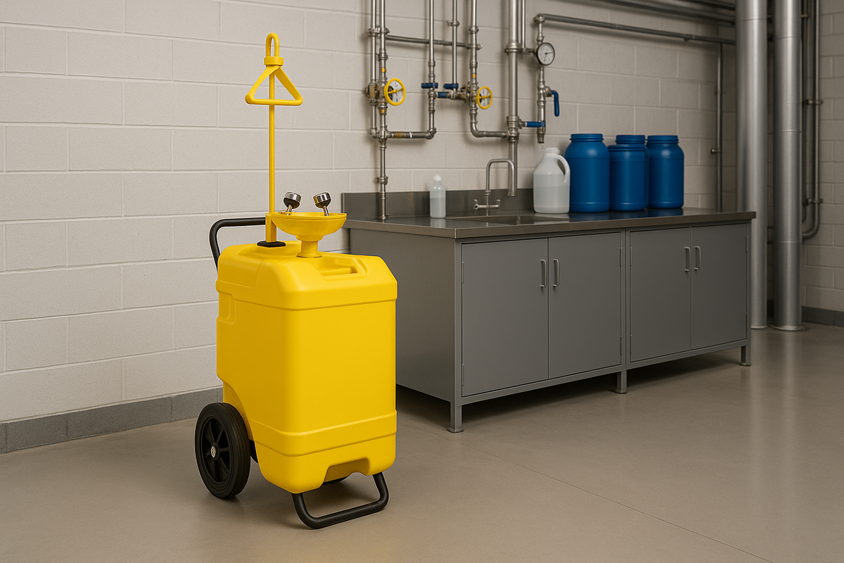 Portable eye and body wash unit on wheels at a chemical workstation in an industrial plant