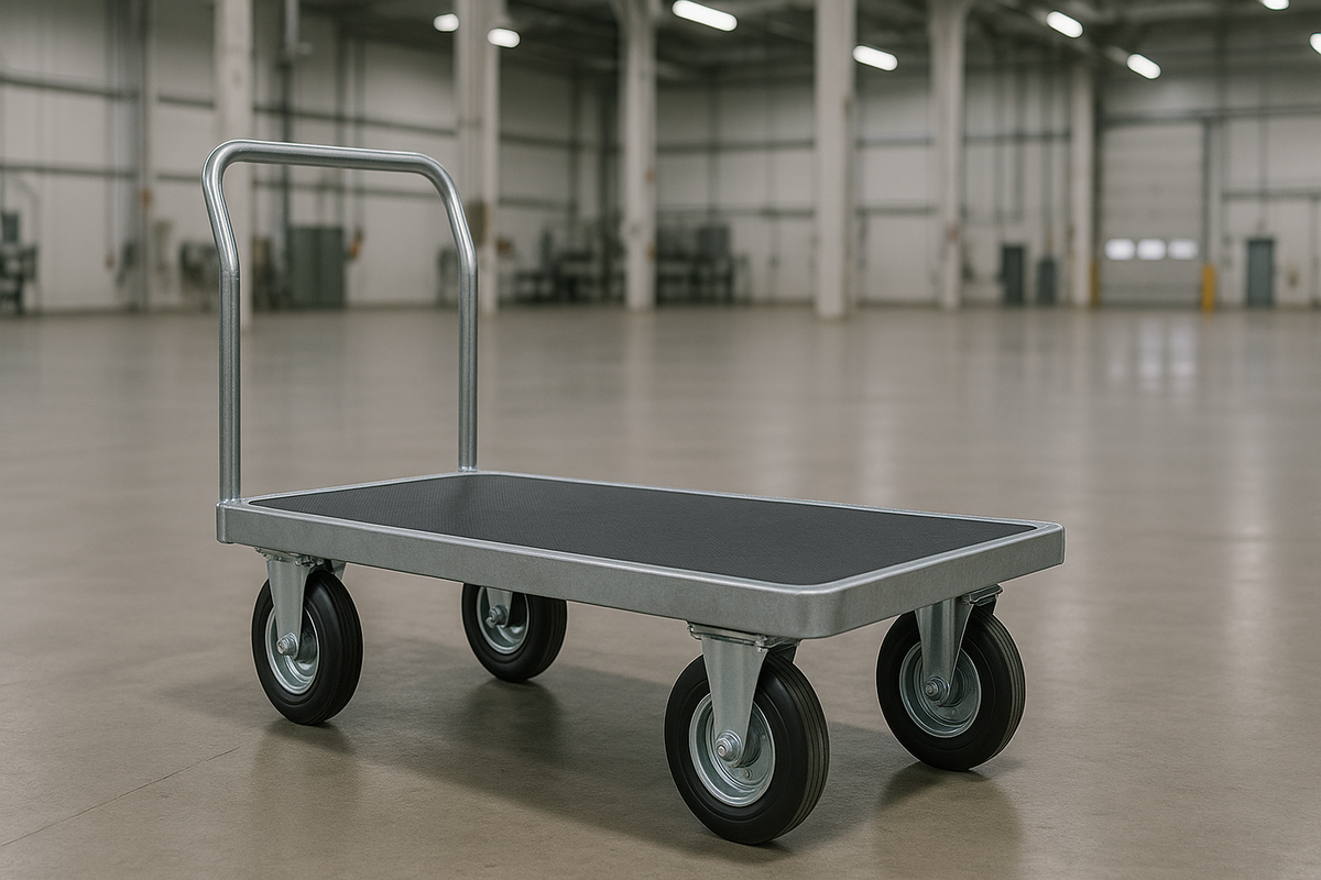 Fully assembled industrial steel platform trolley in a warehouse