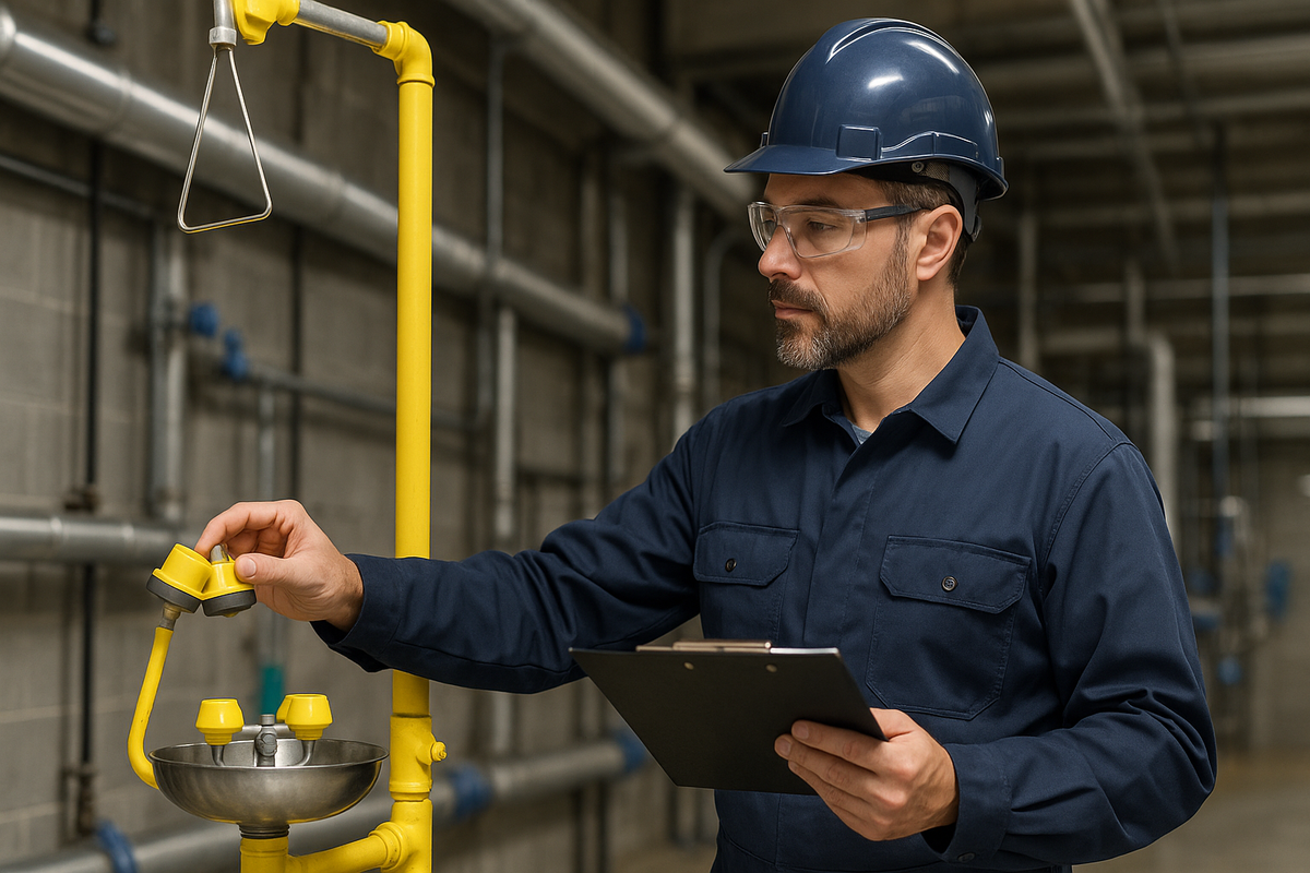 Maintenance technician inspecting a safety shower and eyewash station in an industrial facility