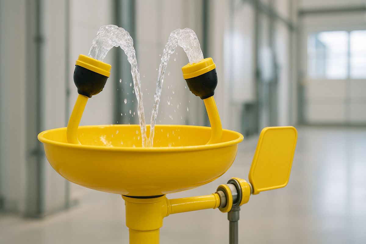 Speakman emergency eyewash station with water flowing from spray heads