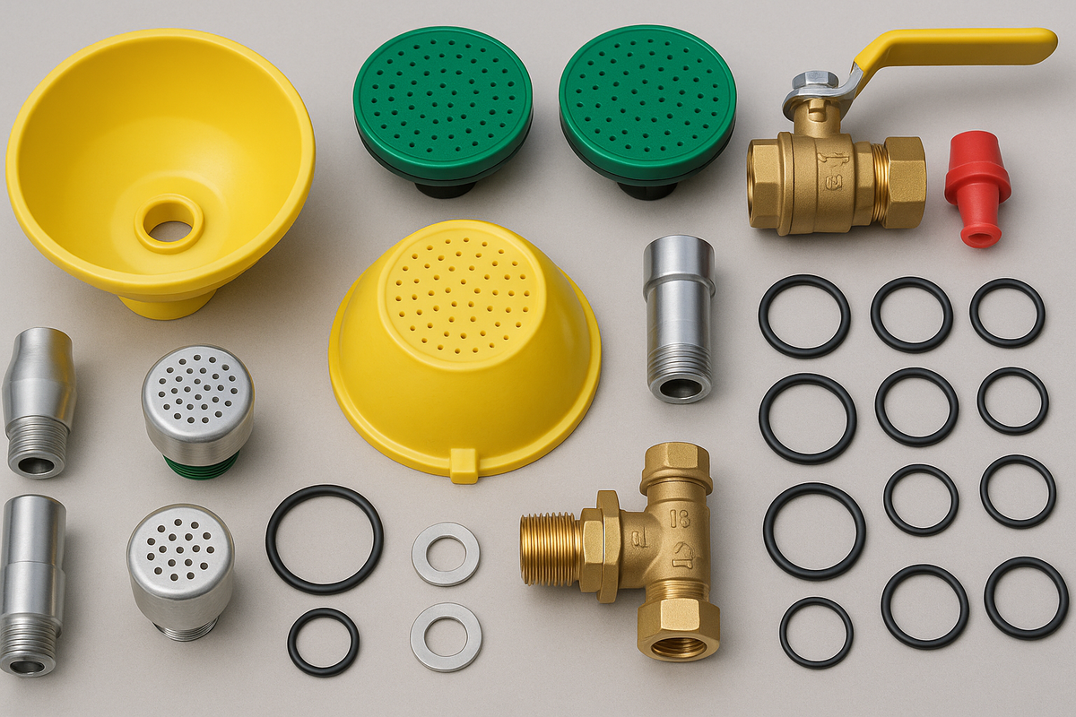 Safety shower and eyewash spare parts including nozzles, valves and spray heads